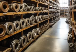 A large warehouse filled with a variety of metal objects including hex bolts and thread rods.