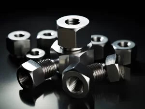 A group of stainless steel nuts and bolts on a black background featuring hex bolts.