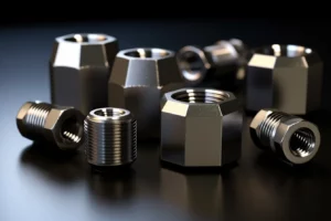 A group of stainless steel bolts on a black surface.
