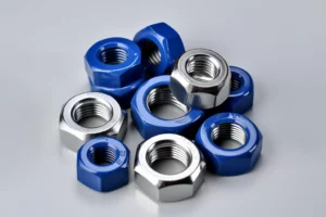A group of blue and silver nylon nuts.
