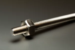 A Carriage bolt and Nylon nut on a grey surface, accompanied by a Flat Washer.
