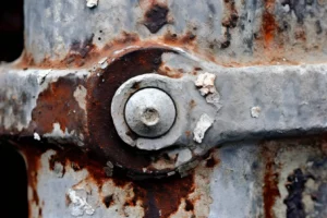 A close up image of a rusty metal pipe with a flat washer.