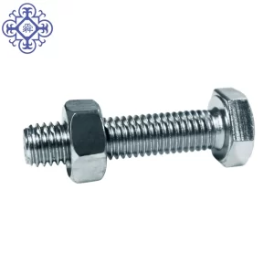 A White Zinc Hex Bolt DIN933 5.8 - High Strength Fastener and Nylon Nut on a white background.