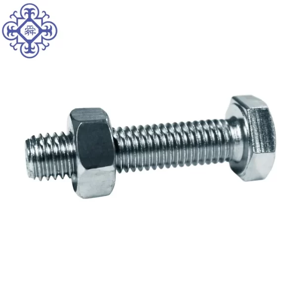 A White Zinc Hex Bolt DIN933 5.8 - High Strength Fastener and Nylon Nut on a white background.