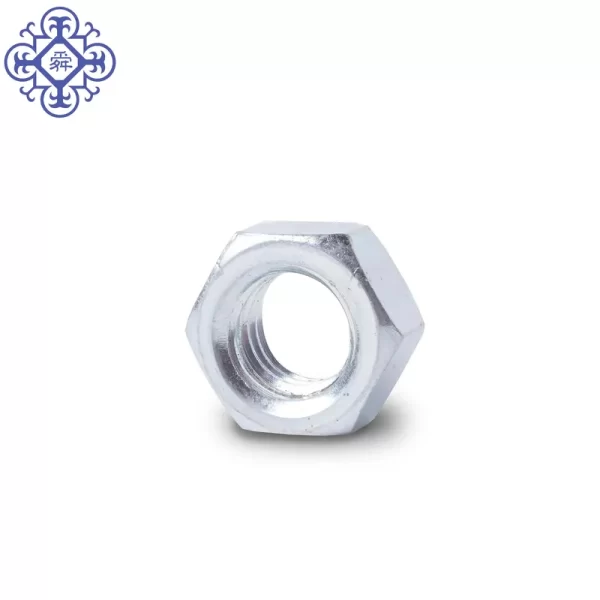 A close up of a white zinc hex nut, DIN934, M4.8.