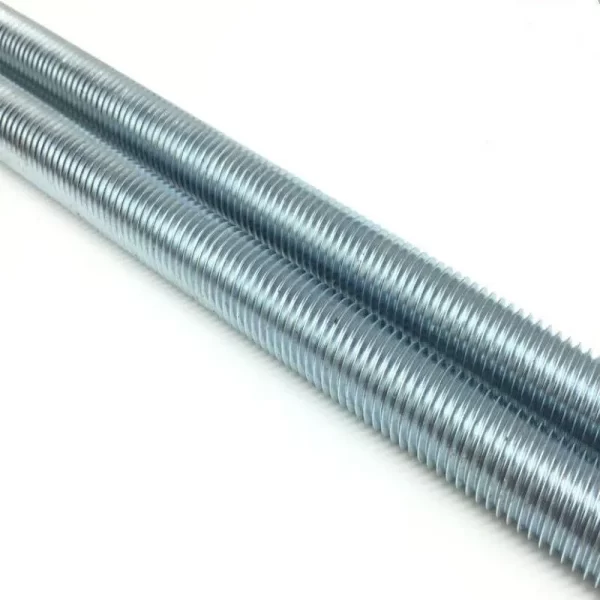 A pair of White Zinc DIN975 Thread Rod, 4.8mm Diameter on a white background.